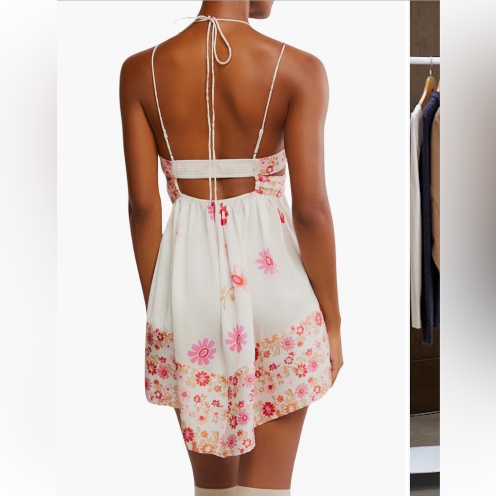 Free People Oasis Placed Floral Mini Slip Dress Cutout Satin Pink White L New - Picture 11 of 11